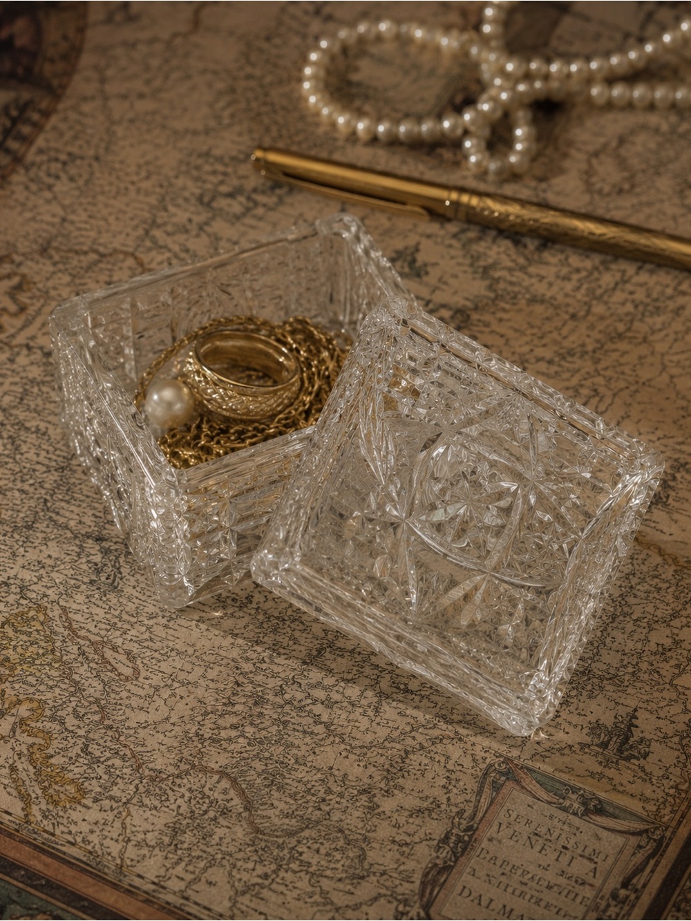 Vintage Pressed Cut Glass Vanity Trinket Jewelry Box with Lid